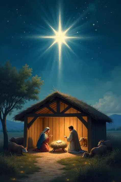 An open stable with a manger ,  and a bright star in the center of the sky, radiant 