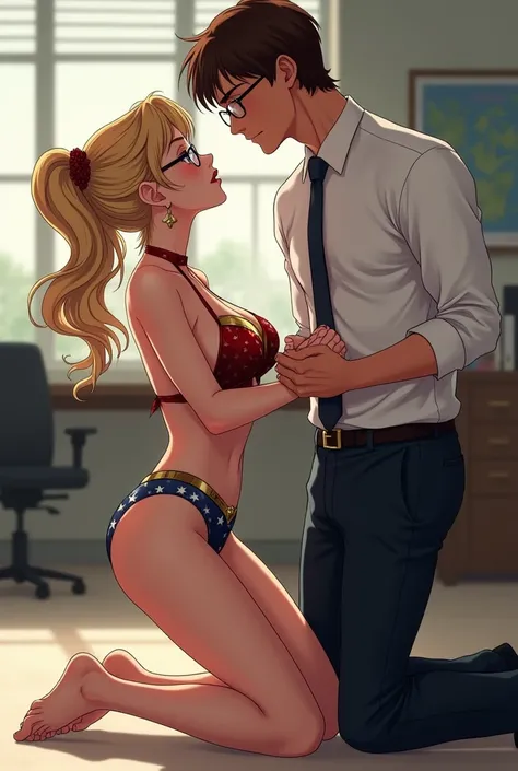 Secretary with curly blonde ponytail,  Wonder Woman lingerie , glasses,  slim and tight body ,  big breasts, in love, Serving you,  knees on the floor ,  begging before her boyfriend , tall doctor , delgado,  brown hair , stopped, office, anime