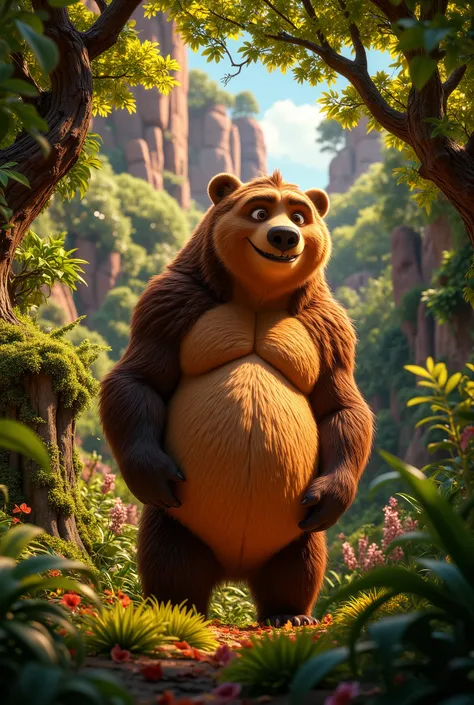 (((( Masterpiece , top quality, high definition )))), Extremely detailed 8K, A chubby male bear stands up and shows off his charm, deep forest