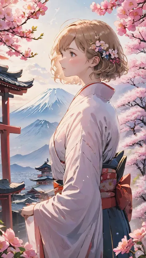   Masterpiece  ,  High Quality ,  very detailed, woman,owl，  shorthair, hairpin, kimono, Spring flowers, Windy, Open a shrine ,  pink petals , Mount Fuji,  Border Depth ,  blurry background