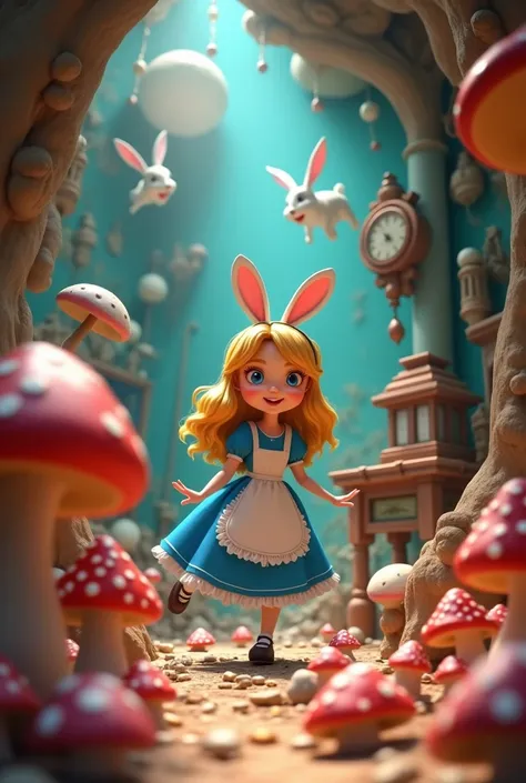 Curious, Alice followed the rabbit. It jumped into a big rabbit hole. Without thinking, Alice jumped in too! She fell and fell until she landed softly in a strange room.  
Cartoonist 3d 