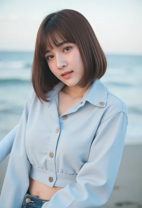 Front Angle, Eye-level Shot, A young Asian woman enjoying a sunny day by the ocean, standing confidently with a soft smile . 20 years old, in a serene and elegant pose. short dark brown hair, fair smooth skin with a natural glow. She wearing Paratrooper un...