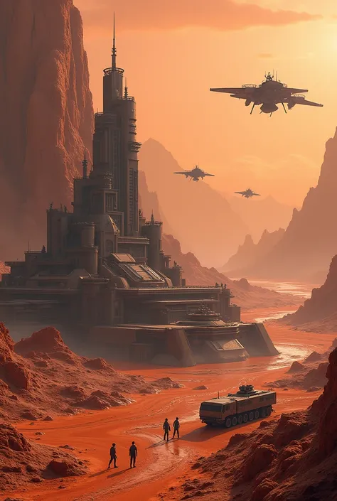 Alien scientists working in secret alien lab on new powerful ground and air weapons and vehicles technology. Desert lava rivers Cobalt rusted faded gold red. General Electric GAU-17/A Minigun CX-303 Daedalus star cruiser Alien Giger military outpost. Photo...