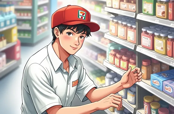 A Thai 7-Eleven store employee wearing the signature uniform