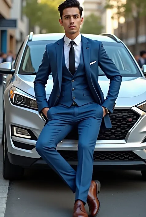 Real 4k photo of a young man dressed in a blue suit  ,  coffee shoes, sitting and leaning with your hands on a silver Hyundai Tucson vehicle , On the edge of a road