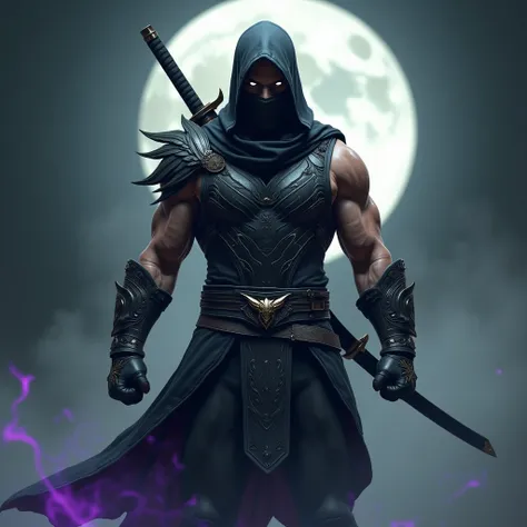  An imposing ninja warrior with a muscular and agile physique .  He wears an all-black combat suit ,  with a modern and traditional aesthetic at the same time .  His tight mask covers his entire face except the eyes ,  that are penetrating and shine with a...