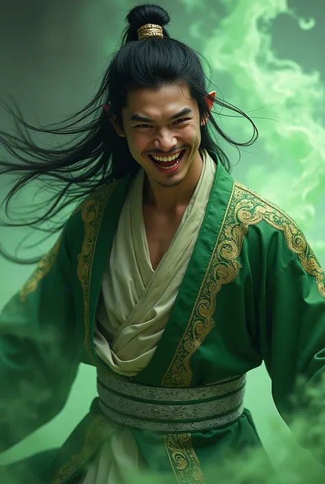 ((best quality)), ((masterpiece)), (detailed), perfect face Photo realistic image of a 21 years old young man in a green and gold intricate hanfu. Looks like Green ghost Qi Rong from Heaven Official’s Blessing. Cruel and crazy attitude. Long, wild, black h...