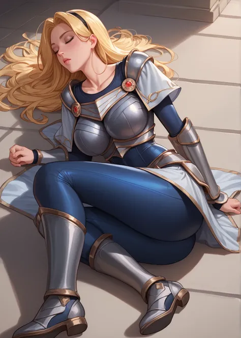 score_9, score_8_up, score_7_up, score_6_up, score_5_up, score_4_up, LuxLoLXL, blue eyes, blonde hair, long hair, black hairband, big breasts, collarbone, shoulder armor, armor, blue bodysuit, breastplate, long sleeves, faulds, skirt, blue pants, armored b...