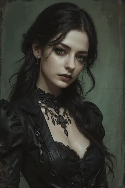 An extremely detailed digital painting of an enigmatic young woman in her late teens portrayed by a young anne hathaway with pale skin black hair and violet eyes wearing gothic clothing and gothic makeup with a theme somewhere between a Raider from Fallout...