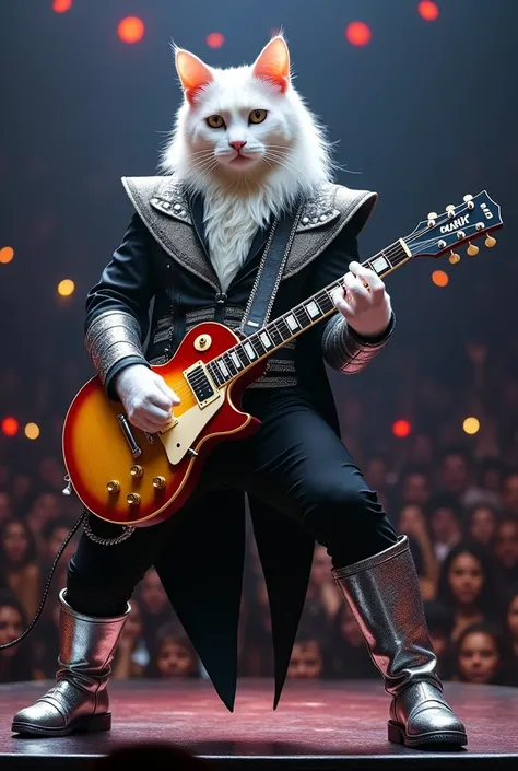 ((hyperrealism)), Cat from the band Kiss ,   white with a white face two gray spots on the eyes ,  with black and silver clothes ,  with silver platform boot ,  clothes more silver than black ,  with a yellow and red Gibson guitar like Slash. ((Full body i...