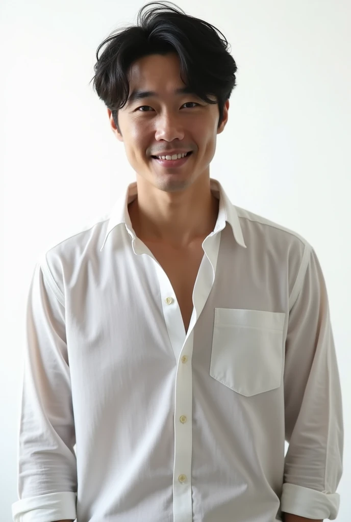 1 Japanese actor   ，Age 35 ,  Handsome and classy    ,    man wearing a shirt   ,   beautiful face ，  great muscles  ， white skin， dark eyes，  full body photo , Chest, white background , nice midle, Cool Uncle