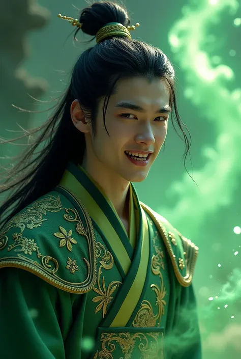 ((best quality)), ((masterpiece)), (detailed), perfect face Photo realistic image of a 21 years old young man in a green and gold intricate hanfu. Looks like Green ghost Qi Rong from Heaven Official’s Blessing. Cruel and crazy attitude. Long, wild, black h...