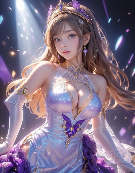 8k,    super high resolution,     Masterpiece    ,     top quality, Golden Goddess　((whole body)), Happy Pace    , とても  long hair, Big Breasts, Decoration    dress, very beautiful Decoration    dress, ShineピンクのDecoration的なプリンセス   dressを着ている (()), ((( purpl...