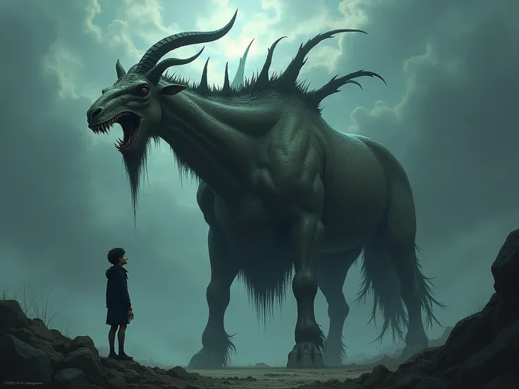 ugly monster , beast, demon,   anime art style, biology, Horse demon, Goats head, trumpet, dolichocephalism, Huge, whole body, Look up at the sky, Angry, Open your mouth, animal body