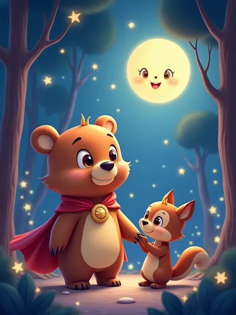 A magical and -friendly illustration for the rensbook Superhelden-Power: Dunkelheit ist kein Monster. It depicts Maubi the bear, standing beside Max, the squirrel, in an enchanted forest under a starry night sky. Maubi holds Maxs paw, who is looking up at ...