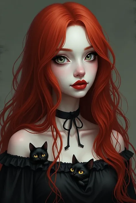 Girl with velvety white skin, sharp face, light eyes, thick red lips, sharp nose, hooded eyes, long black eyeliner, thick long red hair, witch&#39;s knot choker, black off-the-shoulder blouse and 3 black cats