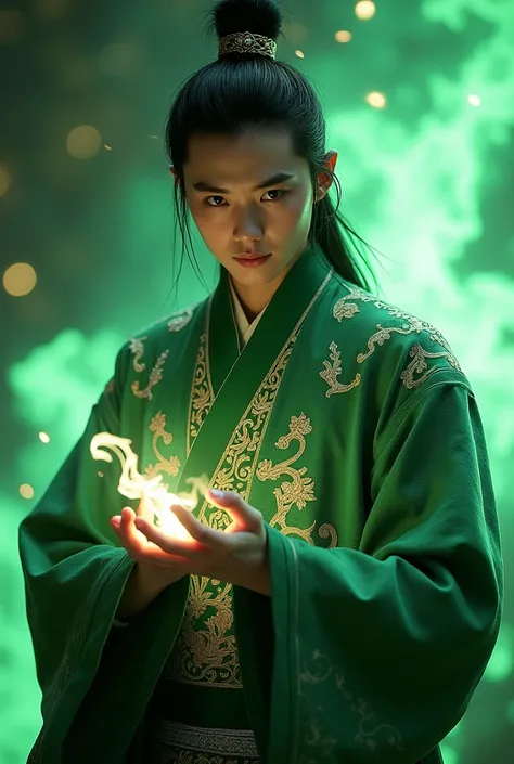 ((best quality)), ((masterpiece)), (detailed), perfect face Photo realistic image of a 21 years old young man in a green and gold intricate hanfu. Looks like Green ghost Qi Rong from Heaven Official’s Blessing. Cruel and crazy attitude. Long, wild, black h...