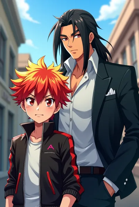 Anime teen boy,  short red and yellow hair , crimson eyes.  White skin with small freckles. 
Leather jacket with red ,  and a white shirt .
Smiling with superiority.
Along with a stocky man anime,  long black hair , dark skin and reddish eyes, tall and in ...