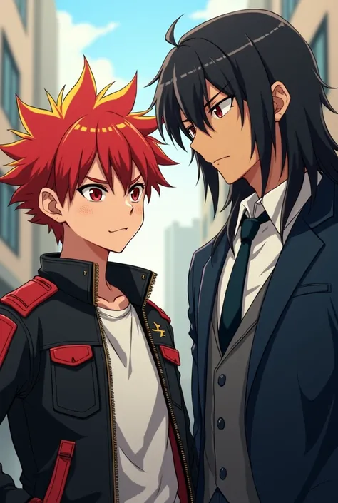 Anime teen boy,  short red and yellow hair , crimson eyes.  White skin with small freckles. 
Leather jacket with red ,  and a white shirt .
Smiling with superiority.
Along with a stocky man anime,  long black hair , dark skin and reddish eyes, tall and in ...