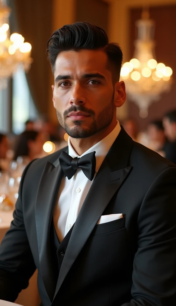 HDR handsome male man elegantly dressed  at a Christmas banquet , close up ,  short hair  , latino 
