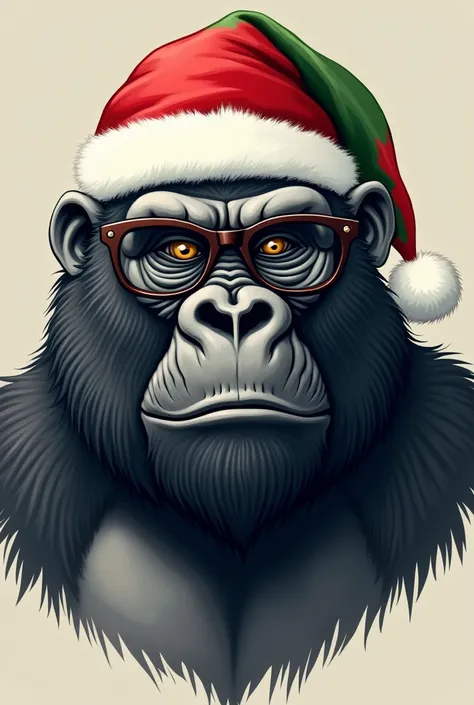 A black-faced gorilla wearing a Christmas hat and black glasses just his head
