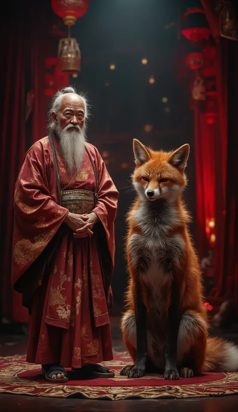full-length portrait at the center of the stage of a TV show remains Americas Got Talent, a fox and an elderly Japanese man , an elderly man dressed in traditional Japanese clothing standing side by side with a fox, expressions of shame, dramatic lighting,...