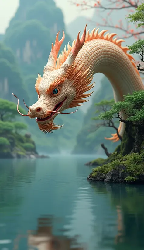 ((masterpiece,  top quality,  Highest image quality  ,  high resolution, Realistic,  original photo,  Extremely Detailed CG Uniform 8K Wallpaper )), close up，Close shot，A Chinese dragon hovers over the lake