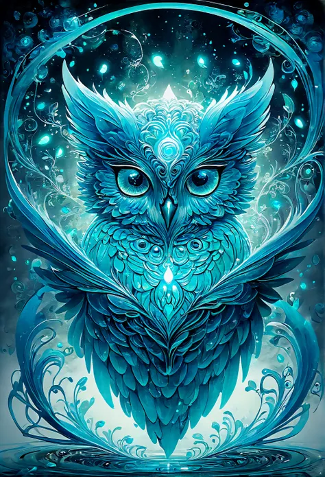   small cyan body that exudes curiosity and wonder  ,owl，   like an ethereal soul The entity must be in focus .  must be depicted as a semi-transparent  ,    ,  Requires 、Mysterious and fascinating .  The entity 、 cute and adorable with a pleasant cyan aur...