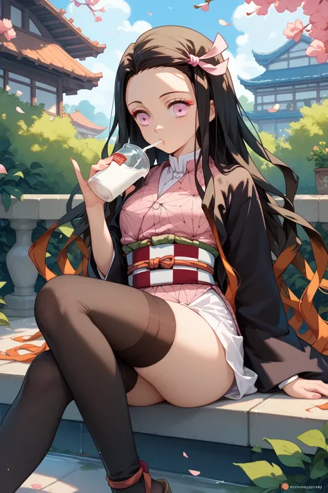 1girl, Alone, Nezuko Kamado, Kimetsu no yaiba, human, demon slayer uniform, blue haori, black stockings, the whole body, high detailed, drinks milk, sits in the garden, toe to toe, 