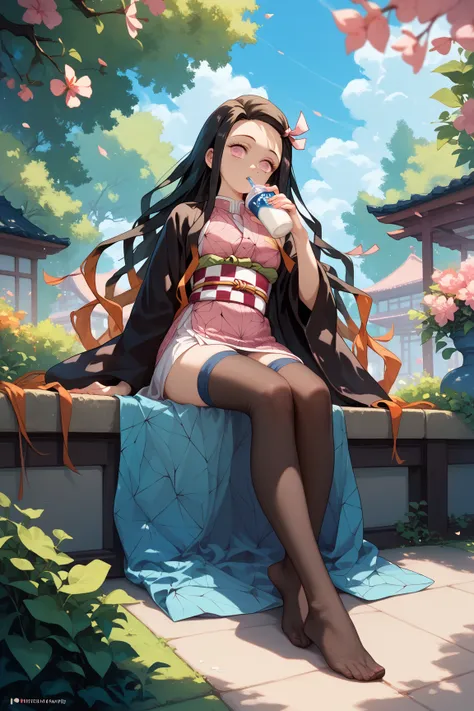 1girl, Alone, Nezuko Kamado, Kimetsu no yaiba, human, demon slayer uniform, blue haori, black stockings, the whole body, high detailed, drinks milk, sits in the garden, toe to toe, 