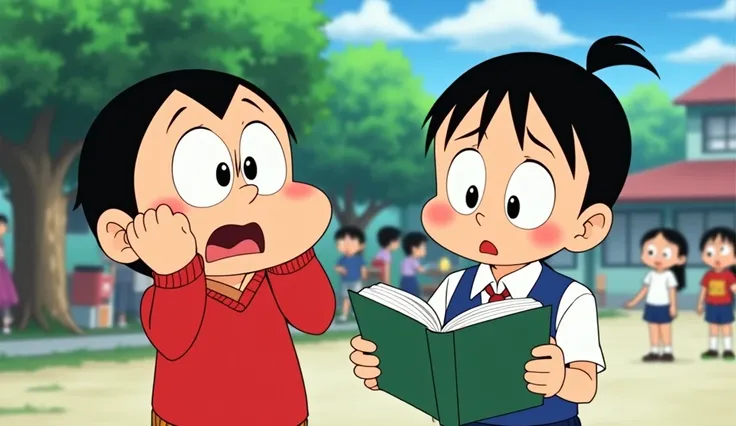 Shinchan making funny faces while Nobita is holding a book, looking worried and thoughtful. A school playground in the background, with s playing."