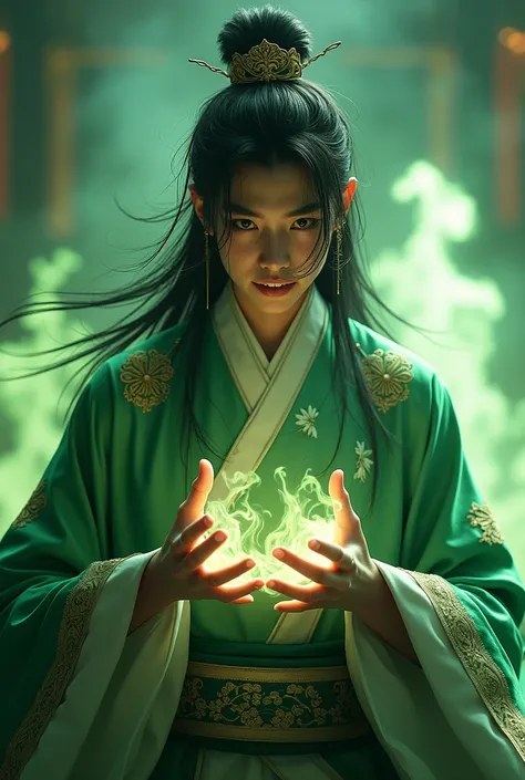 ((best quality)), ((masterpiece)), (detailed), perfect face Photo realistic image of a 21 years old young man in a green and gold intricate hanfu. Looks like Green ghost Qi Rong from Heaven Official’s Blessing. Cruel and crazy attitude. Long, wild, black h...