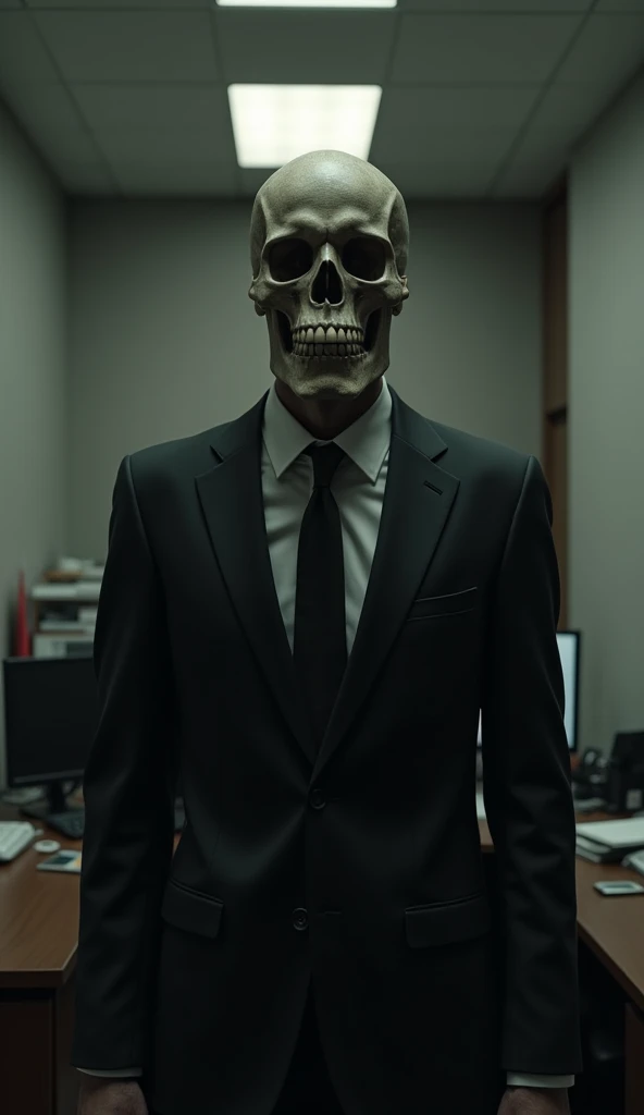 A modern Japanese bureaucrat is standing wearing a black suit。The face is a realistic skull 、 the texture of the bones is drawn in detail 。In the background the office、 The dim lighting creates a slightly creepy atmosphere。」