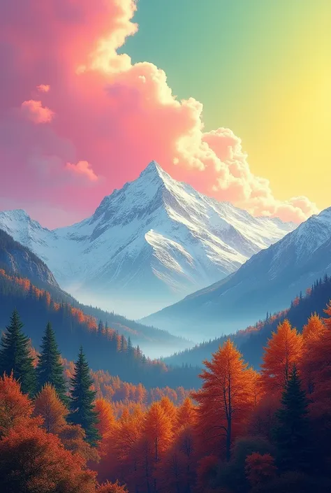 Pink and lime yellow vloudu sky, mointains covered with snow, evergreen forest with orange trees