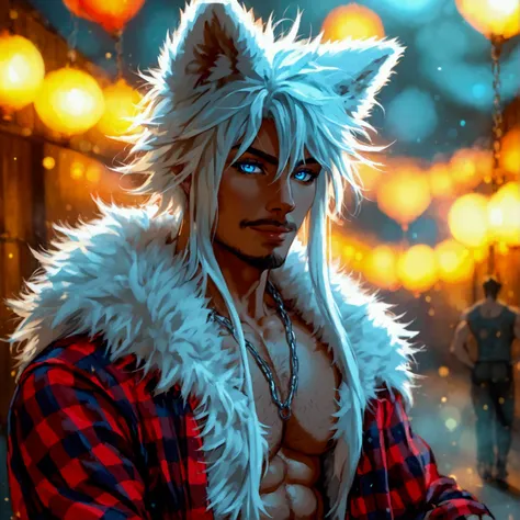 athletic muscular male with long white messy hair, has a light beard, fluffy wolf ears and fluffy wolf tail, wearing a shredded red plaid flannel vest, wearing torn up jeans, himbo, showing abs, showing chest, light body hair, happy demeanor, has a light b...