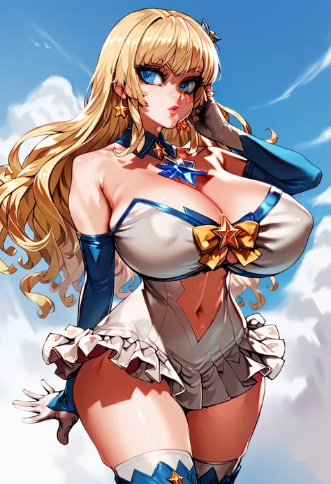 (1 woman, Alone:1.2), (masterpiece),  blonde twin tail ,  blue eyes,  top quality, Excellent quality,  is very aesthetic,  standing , (( huge boobs)), I&#39;m looking forward to it, Straight, In front, Magical Girl, Asanagi, huge breasts