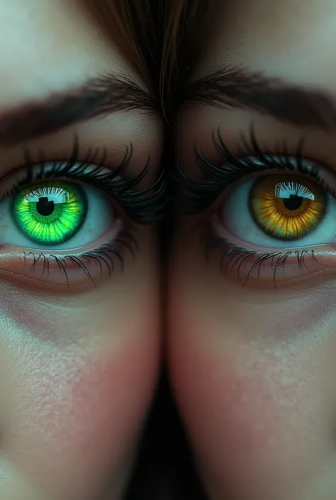 Image of two eyes looking at each other ,  some unique green and beautiful emerald eyes and the others almost black brown and of a man with beautiful eyes 