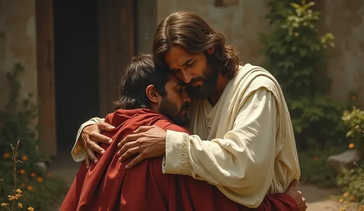 Jesus embracing a sad man