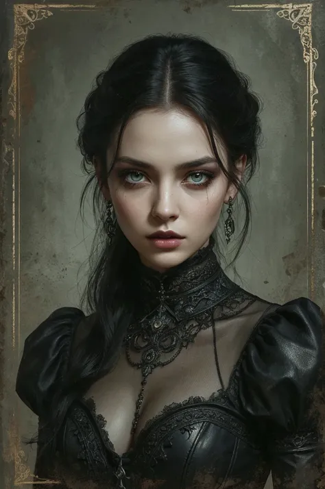 An extremely detailed digital painting of an enigmatic young woman in her late teens portrayed by a young Dominique Ruiz with pale skin black hair and amber eyes wearing gothic clothing and gothic makeup with a theme somewhere between a Raider from Fallout...