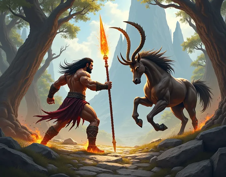 Muscular gladiator with a fire spear and a centaur with an axe and landscape in the background of trees and rocks