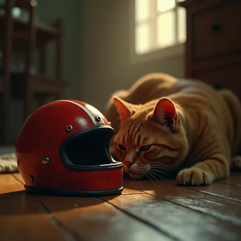 hyper realistic image of adult orange cat in sadness & sorrow expression. Lying in the floor with head jaw on the floor too. Looking at worn out simple basic human size motorcycle helmet (not full face) in red color with small horizontal white strip circli...