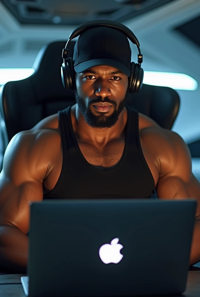 dark-skinned man, bodybuilder, with a beard on his face, wearing a cap, wearing a black tank top, and beats headphones, sitting in front of a macbook, image from the waist up, inside a futuristic background, lots of details and very high