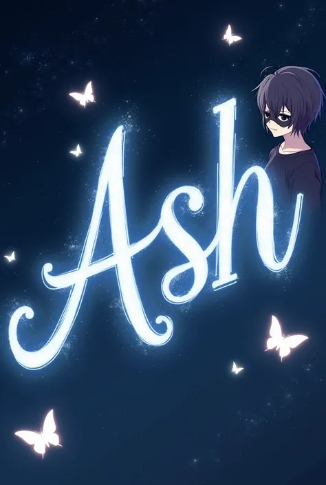 a beautiful name of ASH shines ,written in style,background is night full of stars and shining butterflys ,and at right side a smal pic of anime young boy wear a black shirt and black mask ,