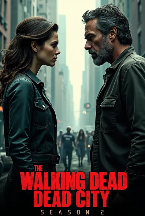 Here is an idea for a poster for The Walking Dead: Dead City season 2
Image: Lauren Cohan (Maggie) and Jeffrey Dean Morgan (Negan) stand opposite each other, with a ruined Manhattan scene between them. There may be zombies in the background, or signs of a ...