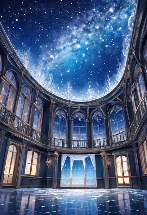 European room and starry sky made of ice at night