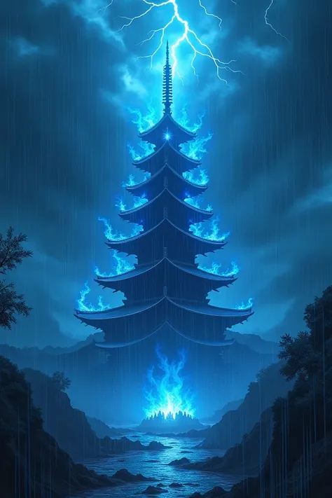 A Pagoda with blue fire with heavy rain and thunder weather in the background