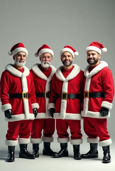 Create a hyper realistic 3D rendering of four clean-shaven men wearing Santa Claus costumes.
