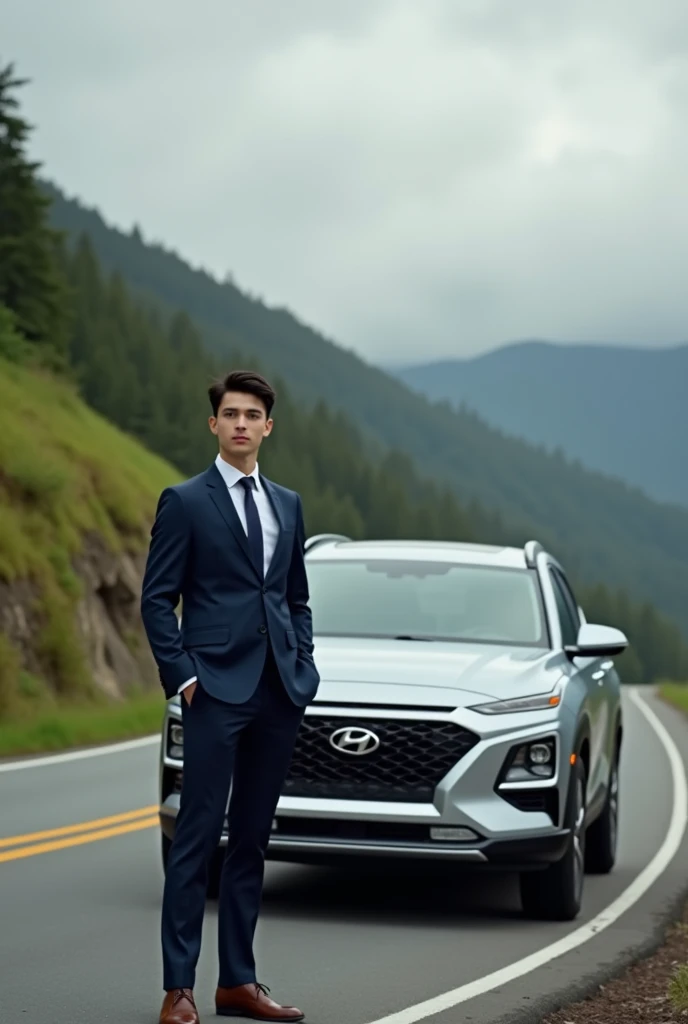 Real 4k photo of a young man dressed in a dark blue suit ,  coffee shoes, supported on a silver model vehicle Hiunday Tucson 2025 , On the edge of a road