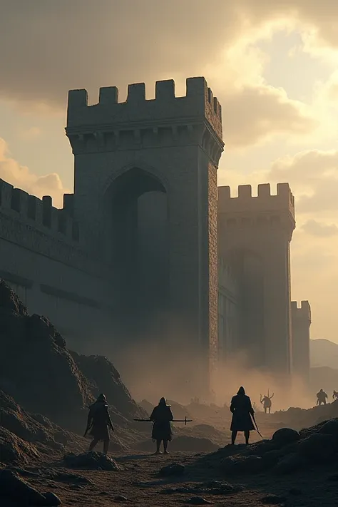 A fortified structure with enemies behind it, overlooking a battlefield, UHD, realistic, cinematic lighting.