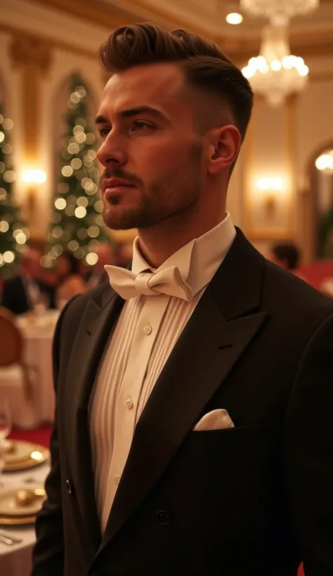 HDR handsome male man elegantly dressed  at a Christmas banquet , close up ,  short hair  , inglés 
